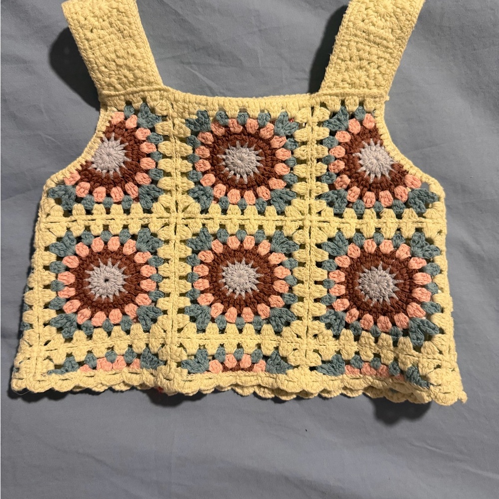 Zara Crochet Square Tank Top with Pink, Blue and Brown Accents
